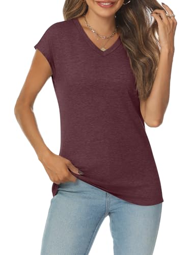 AUTOMET V Neck T Shirts for Women Spring Summer Fall Tops Teacher Work Business Dressy Casual Blouses Basic Tees Boho Fashion WineRed L - Image 2