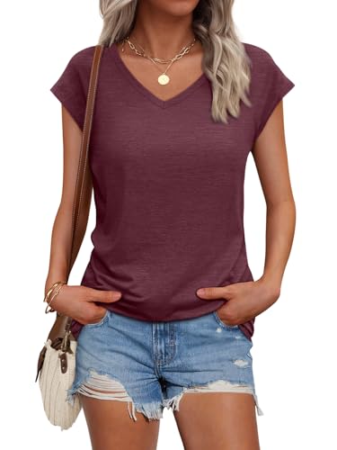 AUTOMET V Neck T Shirts for Women Spring Summer Fall Tops Teacher Work Business Dressy Casual Blouses Basic Tees Boho Fashion WineRed L - Image 1
