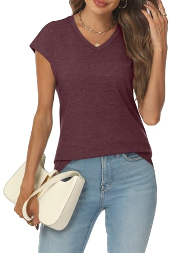 AUTOMET V Neck T Shirts for Women Spring Summer Fall Tops Teacher Work Business Dressy Casual Blouses Basic Tees Boho Fashion WineRed L - Image 3