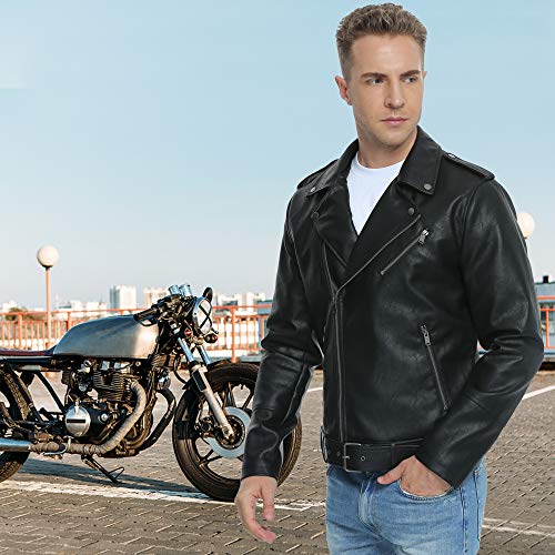 Fahsyee Leather Jackets for Men, Faux Bomber Jacket Mens Motorcycle Lapel Asymmetric Zip-Up Belt Slim Fit Biker Coat Black L - Image 3