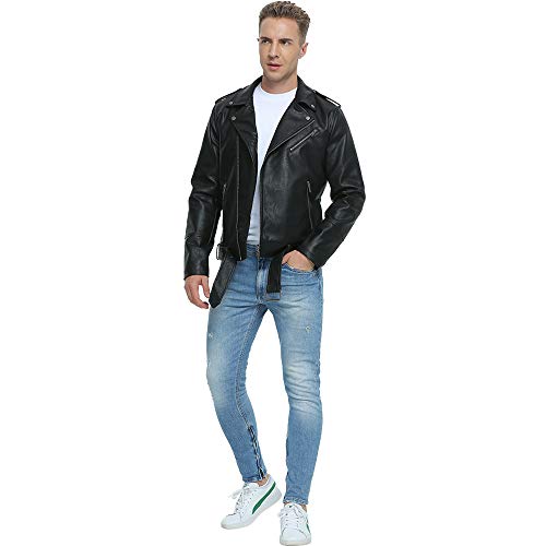 Fahsyee Leather Jackets for Men, Faux Bomber Jacket Mens Motorcycle Lapel Asymmetric Zip-Up Belt Slim Fit Biker Coat Black L - Image 2