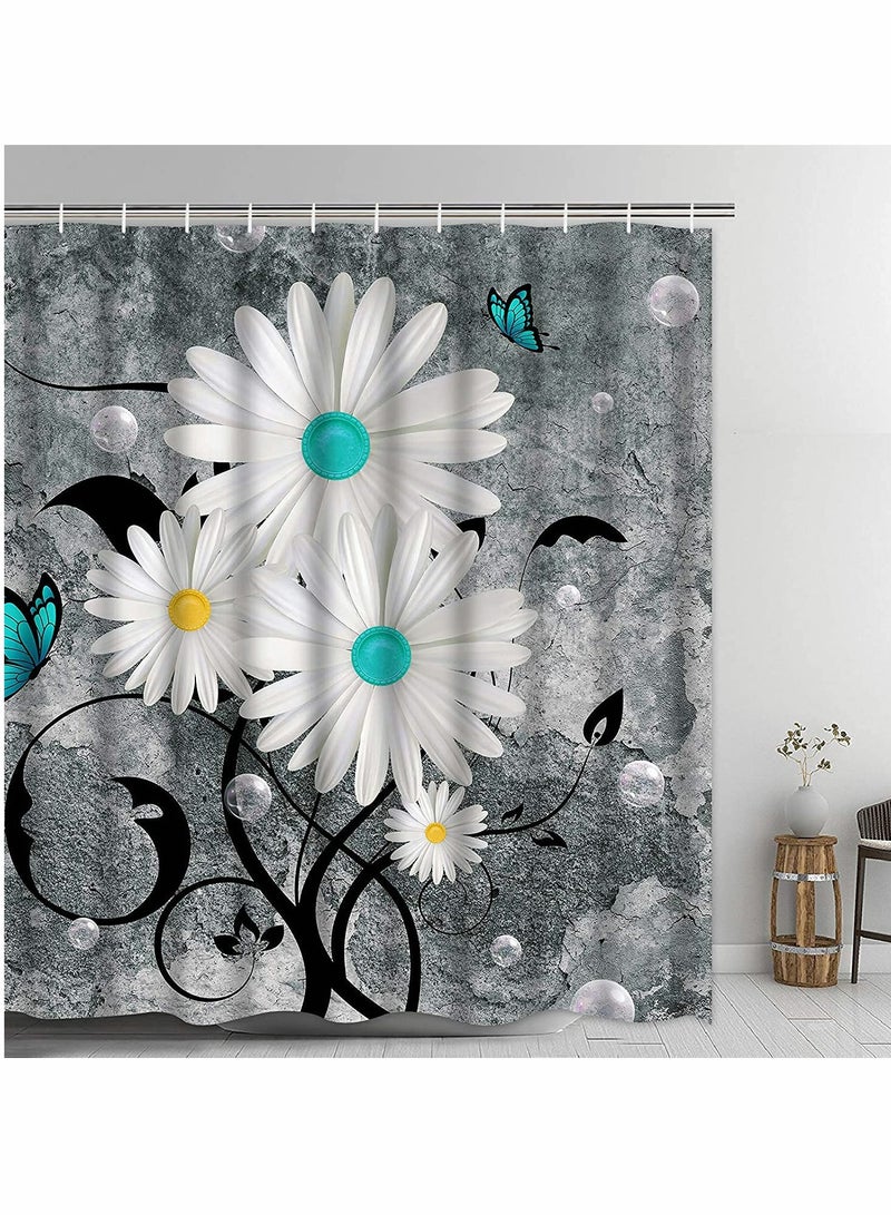 KASTWAVE Shower Curtain Floral Butterfly White Daisy Shower Curtain for Bathroom Farmhouse Rustic Bathroom Curtain with 12 Hooks Waterproof Fabric Flower Bathroom Shower Curtains 72" x 72" (Grey)  - Image 1