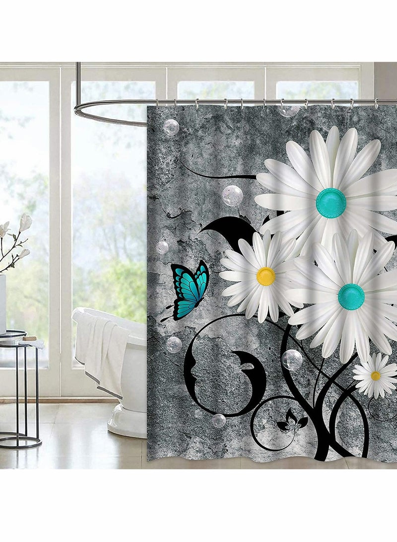 KASTWAVE Shower Curtain Floral Butterfly White Daisy Shower Curtain for Bathroom Farmhouse Rustic Bathroom Curtain with 12 Hooks Waterproof Fabric Flower Bathroom Shower Curtains 72" x 72" (Grey)  - Image 2