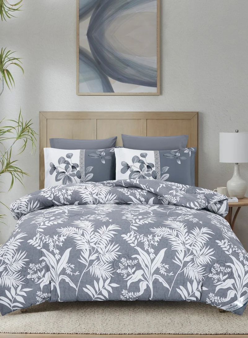 Donetella Printed Comforter Set 6-Pcs King Size All Season Double Bed Fits(200 X 200 Cm)Bedding Set With Removable Filler And Down Alternative Filling, Grey