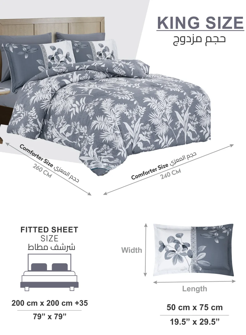 Donetella Printed Comforter Set 6-Pcs King Size All Season Double Bed Fits(200 X 200 Cm)Bedding Set With Removable Filler And Down Alternative Filling, Grey