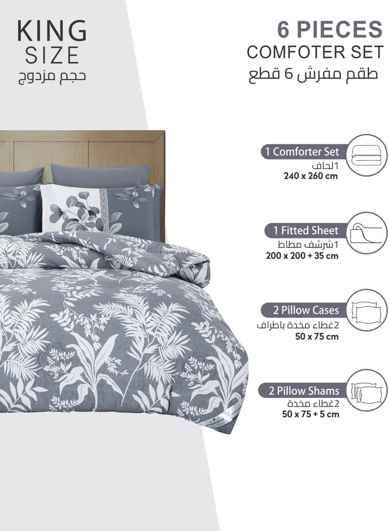 Donetella Printed Comforter Set 6-Pcs King Size All Season Double Bed Fits(200 X 200 Cm)Bedding Set With Removable Filler And Down Alternative Filling, Grey
