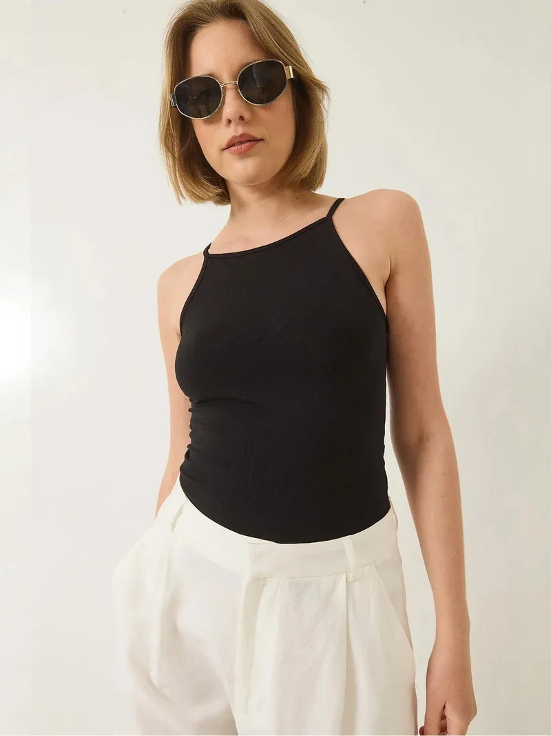 Bianco Lucci Black Fitted Cotton Blend Halter Neck Cami Top for Women | Best Price UAE