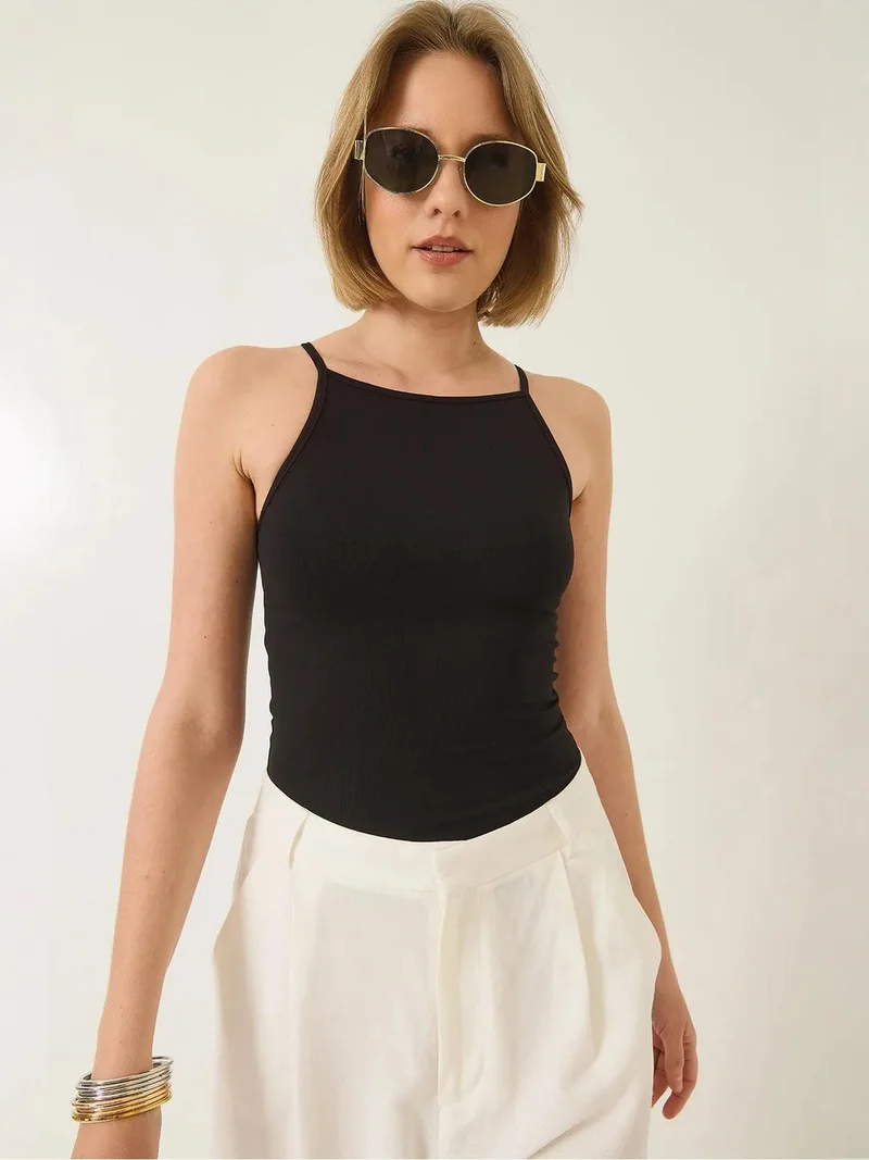 Bianco Lucci Black Fitted Cotton Blend Halter Neck Cami Top for Women | Best Price UAE