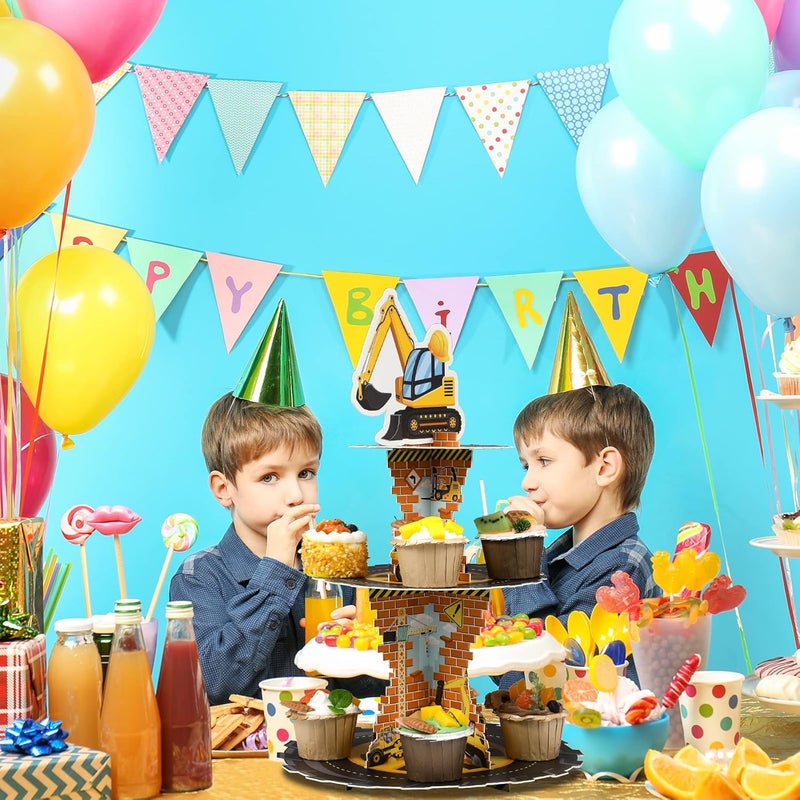 Tiamon Construction Birthday Decorations 3 Tier Construction Theme Cupcake Stand Cardboard Dump Truck Dessert Display Tower Holder Cupcake Serving Stand for Baby Shower Party Supply - Image 5