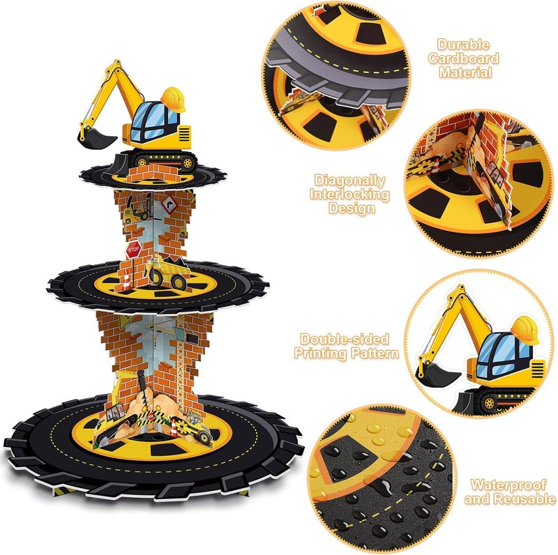 Tiamon Construction Birthday Decorations 3 Tier Construction Theme Cupcake Stand Cardboard Dump Truck Dessert Display Tower Holder Cupcake Serving Stand for Baby Shower Party Supply - Image 3