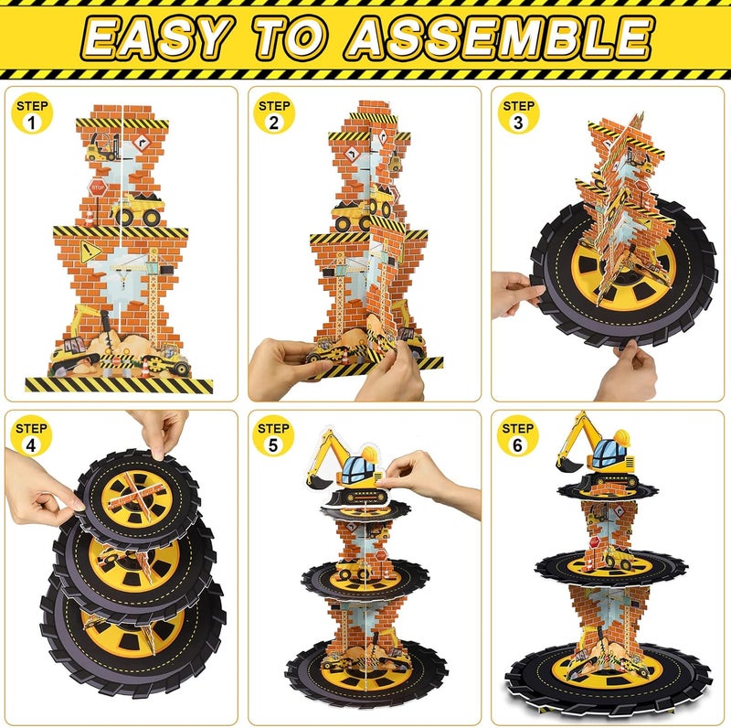 Tiamon Construction Birthday Decorations 3 Tier Construction Theme Cupcake Stand Cardboard Dump Truck Dessert Display Tower Holder Cupcake Serving Stand for Baby Shower Party Supply - Image 4