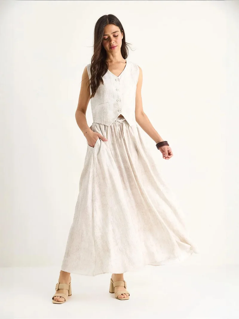 Bianco Lucci Dusty White LUCCI V-Neck Vest and Maxi Skirt Two-Piece Coord Set for Women | Best Price UAE