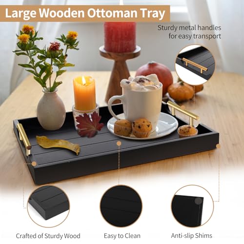 SXNOWS Coffee Table Trays - Large Ottoman Tray for Living Room -Wood Serving Tray with 2 Sets of Handles - Wooden Tray for Coffee Table, 4 Round Coasters Included, Black - Image 2