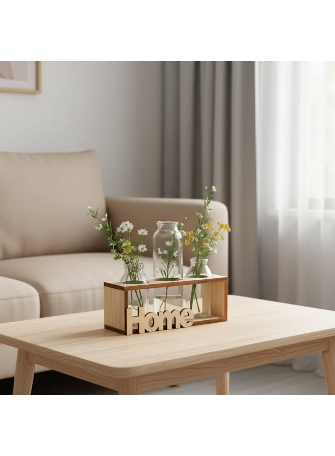 الأزرق جي دبليو مجموعة مكونة من 3 قطع من المزهريات الزجاجية الشفافة الإبداعية بقاعدة خشبية، وغرفة معيشة منزلية عصرية ومطعم، وإكسسوارات ديكور قديمة، ومزهريات مائية - Image 1