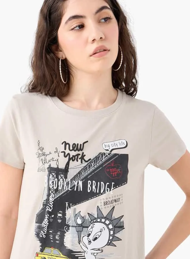 SP Characters Tweety Print T-shirt with Crew Neck and Short Sleeves