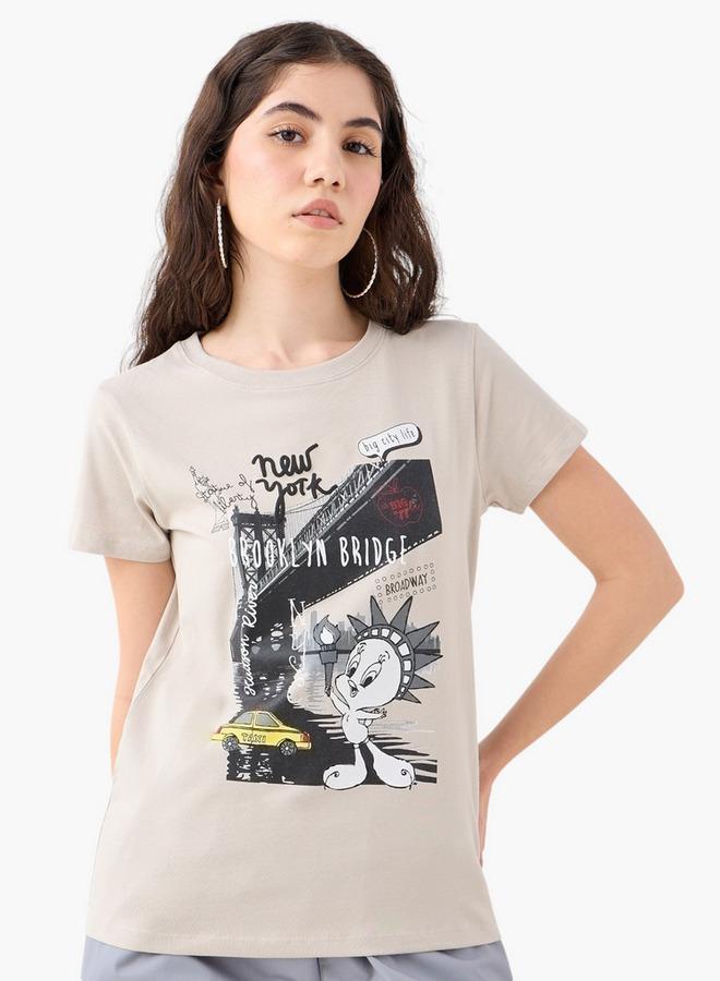 SP Characters Tweety Print T-shirt with Crew Neck and Short Sleeves - Image 1