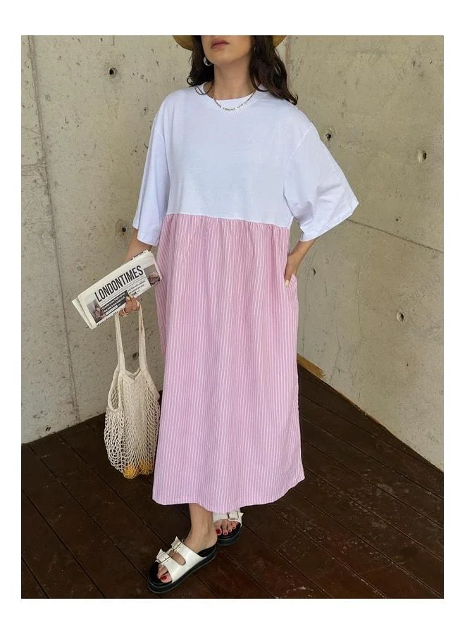 mina aise Women's Pink Top Penye Bottom Striped Woven Fabric Long Oversize Dress 29169.