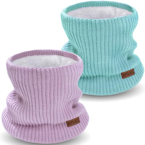 XFUEL Kids Neck Warmer, 2 Pack, Knitted Winter Neck Gaiter, Fleece Lined Infinity Scarf for Boys Girls (sky blue,purple) - Image 1