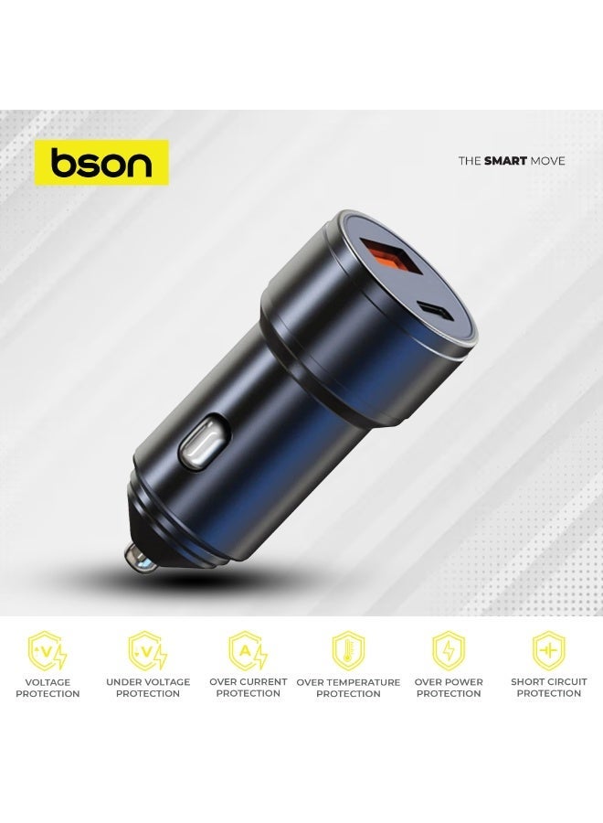 BSON محول سيارة سريع 48 واط، منفذي USB USB-A و USB-C، شحن أسرع 4 مرات، QC3.0 100 واط كحد أقصى، PD 25 واط، ملحق سفر مدمج، تصميم متين مع حماية ذكية للسلامة للاستخدام اليومي في السيارة - Image 3