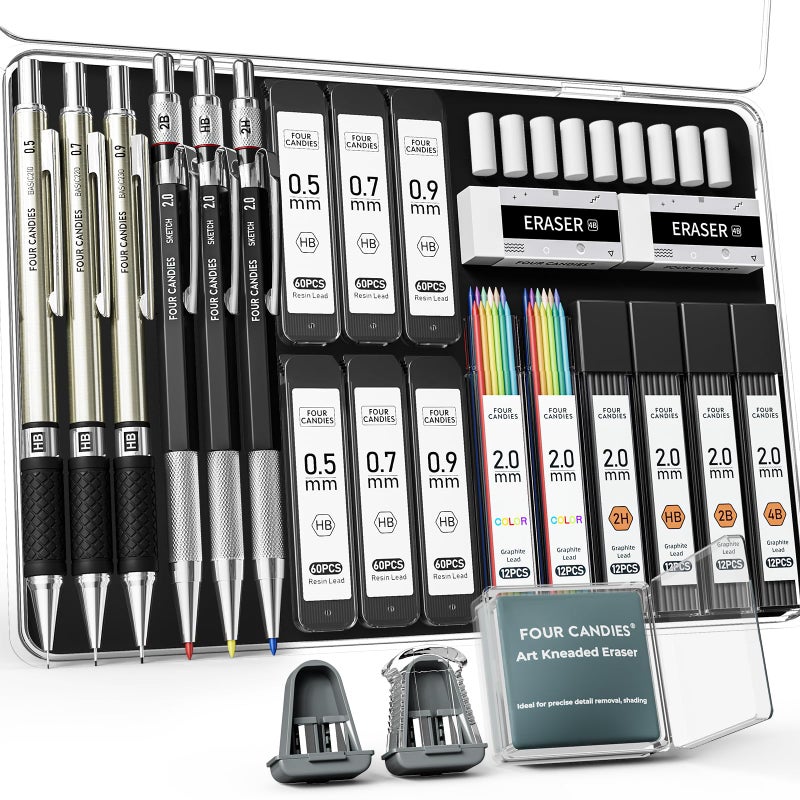 Four Candies 25PCS Art Mechanical Pencil Set with Case 3PCS Metal Artist Lead Pencil 05 07 09 mm 3PCS 2mm Holder HB 2H 2B 4B Color with 432PCS Graphite Lead Refills for Drawing Sketching