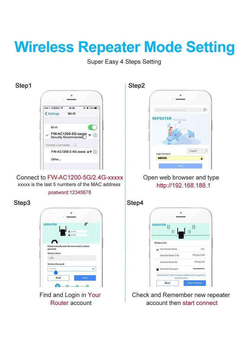 Generic - 5GHz WiFi Repeater, Long Range Wireless Wifi Signal Amplifier, Wifi Extender Network WiFi Booster 1200Mbps - Image 1