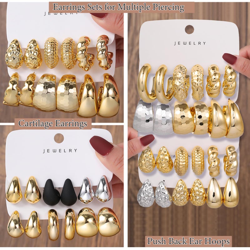 OATHYAN 27 Pairs Gold Chunky Hoop Earrings Set for Women, Hypoallergenic Earrings Fashion Dangle Earrings Set, Y2k Statement Twisted Water Drop Earring Pack (Glossy Gold) - Image 5