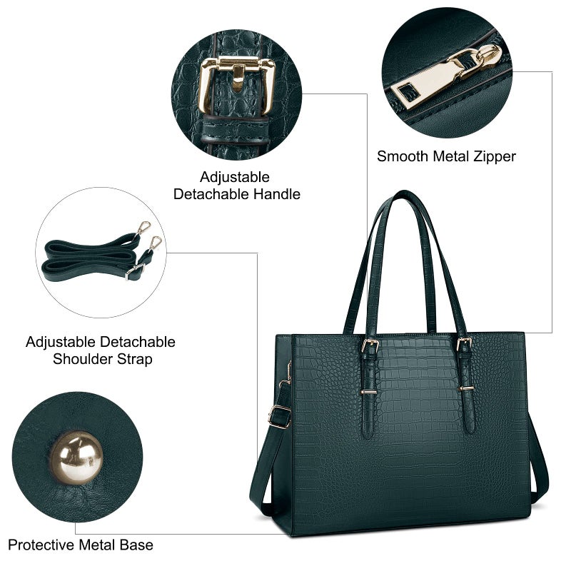 Lubardy Laptop Bag for Women 15.6 Inch Laptop Tote Bag Leather Classy Computer Briefcase for Work Waterproof Handbag Professional Shoulder Bag Women Business Office Bag Large Capacity Dark Green - Image 3