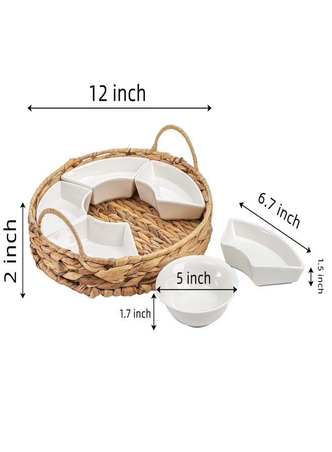 AVLA Ceramic Divided Serving Dishes, Porcelain Relish Tray, Party Appetizer Platter, 6 Removable Snack Bowls with Cattail Basket for Chips and Dips, Candy, Nut, Condiment, Veggie, Portable Handle - Image 2