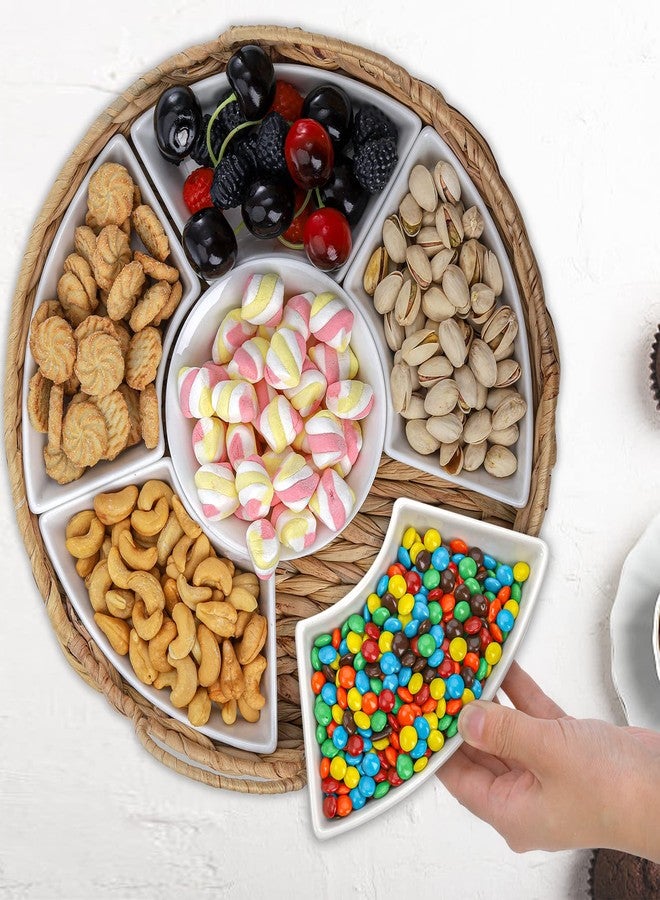 AVLA Ceramic Divided Serving Dishes, Porcelain Relish Tray, Party Appetizer Platter, 6 Removable Snack Bowls with Cattail Basket for Chips and Dips, Candy, Nut, Condiment, Veggie, Portable Handle - Image 3