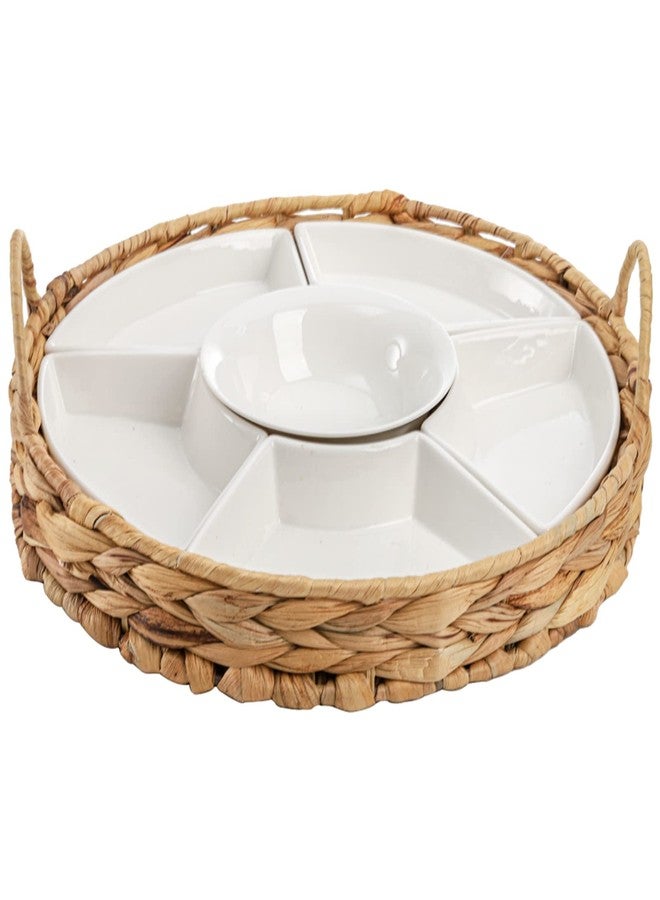 AVLA Ceramic Divided Serving Dishes, Porcelain Relish Tray, Party Appetizer Platter, 6 Removable Snack Bowls with Cattail Basket for Chips and Dips, Candy, Nut, Condiment, Veggie, Portable Handle - Image 1