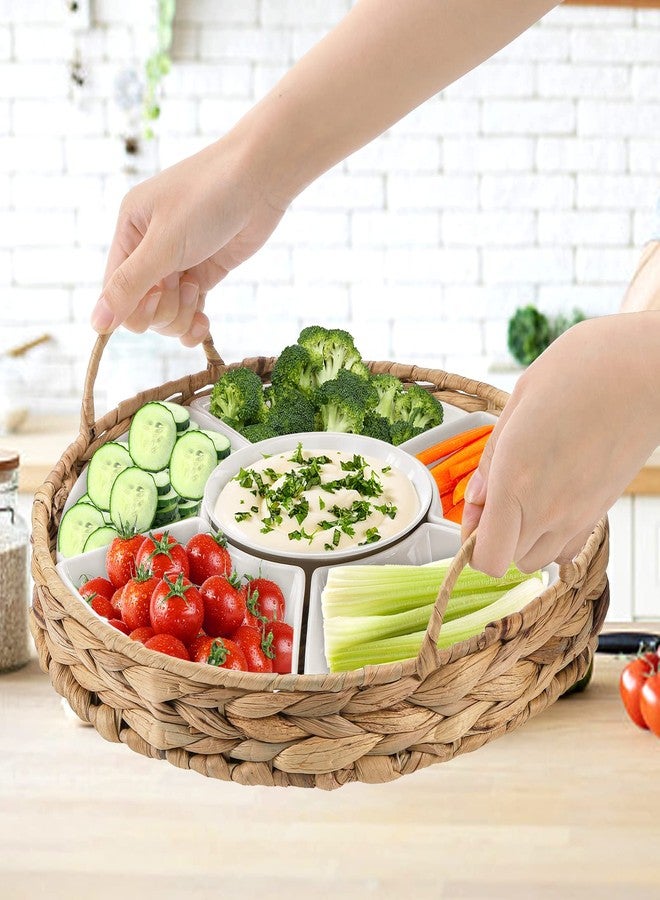AVLA Ceramic Divided Serving Dishes, Porcelain Relish Tray, Party Appetizer Platter, 6 Removable Snack Bowls with Cattail Basket for Chips and Dips, Candy, Nut, Condiment, Veggie, Portable Handle - Image 4
