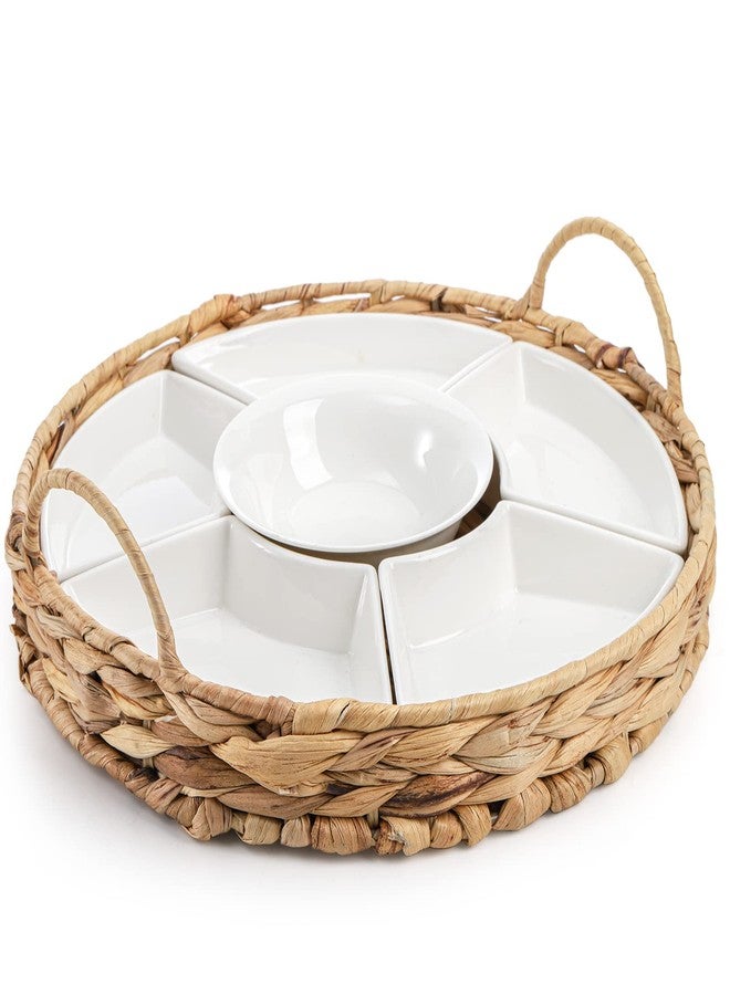 AVLA Ceramic Divided Serving Dishes, Porcelain Relish Tray, Party Appetizer Platter, 6 Removable Snack Bowls with Cattail Basket for Chips and Dips, Candy, Nut, Condiment, Veggie, Portable Handle - Image 5