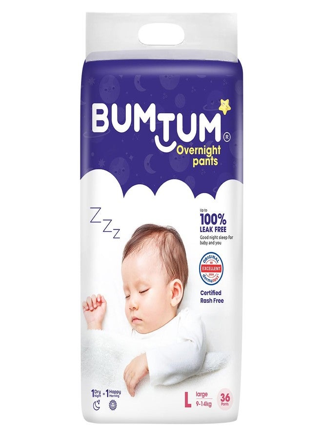 Bumtum Baby Overnight Diaper Pants - Size L (9-14 kg), 36 Count | All night Absorption with Pillow Soft Comfort | No Leak | 100% Rashfree | With soothing Chamomile Microbial Layer | Pack of 1 - Image 1