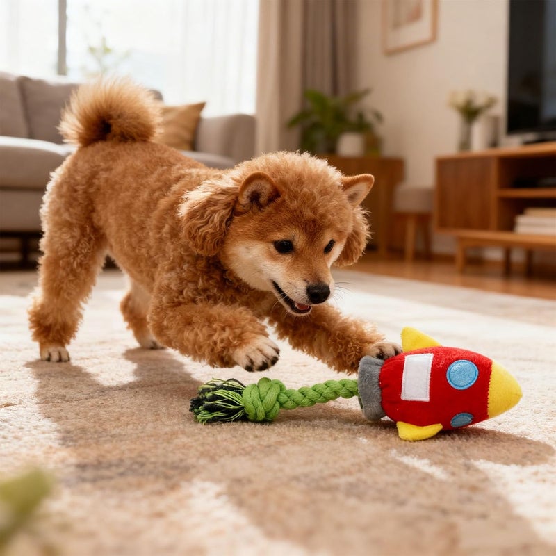 Rocket Shape Plush Dog Toy with Rope Tug, Interactive Puppy Chew Toy, Squeaker Included, for Small and Medium Dogs, 8.3 X 3.9 in - Image 5