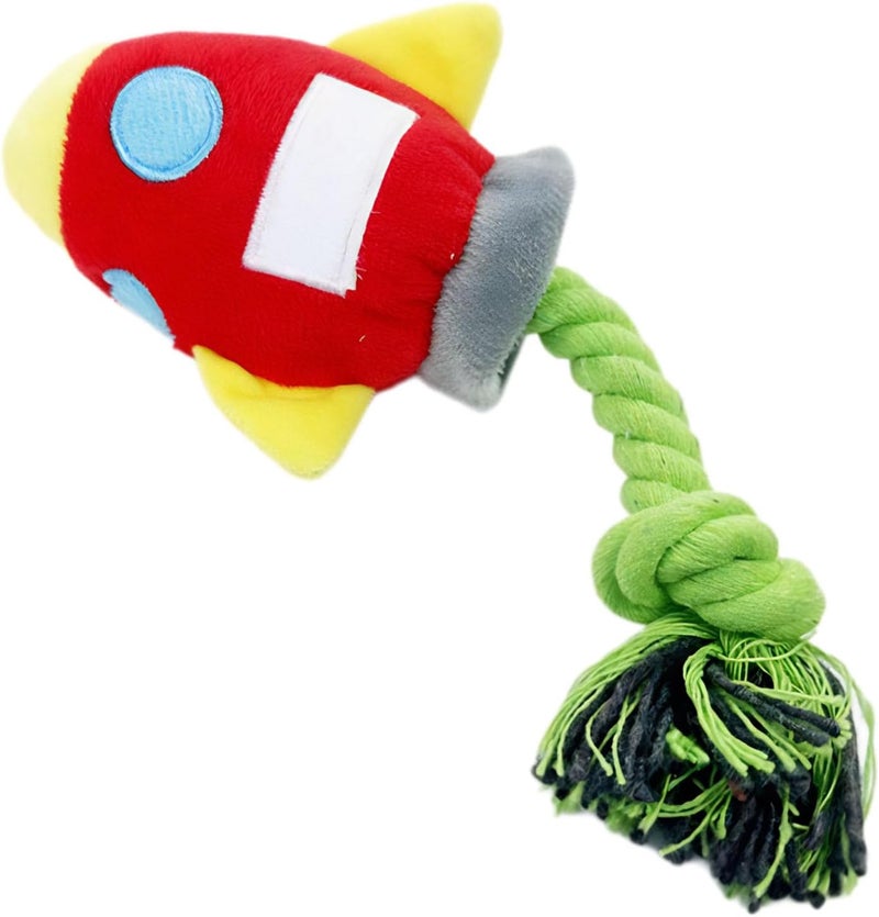 Rocket Shape Plush Dog Toy with Rope Tug, Interactive Puppy Chew Toy, Squeaker Included, for Small and Medium Dogs, 8.3 X 3.9 in - Image 1