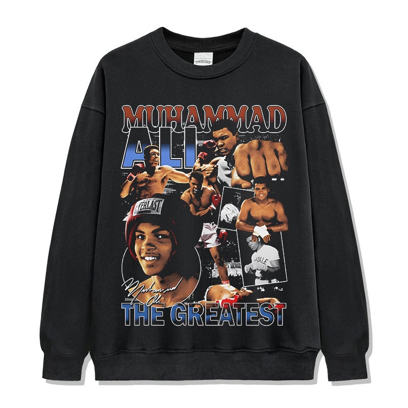 Cross-border American MuhammadAli Muhammad Ali Printed Short-sleeved T-shirt Heavy Long-sleeved Crewneck Hooded Sweatshirt Black Crewneck Sweatshirt
