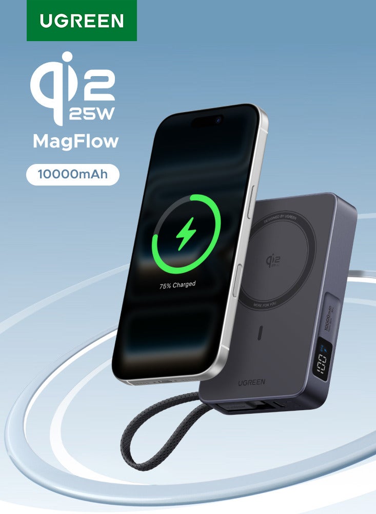 Ugreen Magsafe 10000mAh Qi2 25W Ultral- Fast Magflow Power Bank with Strong Magnetic Attachment, Wireless Portable Charger with 25W Fast Wireless Charging and PD30W Fast Charging, Airline-Friendly, Built-in Type C Cable for Samsung S26/S25 Ultra, iPhone 17/16 Pro Max Series - Black 25W With cable - Black - Image 1