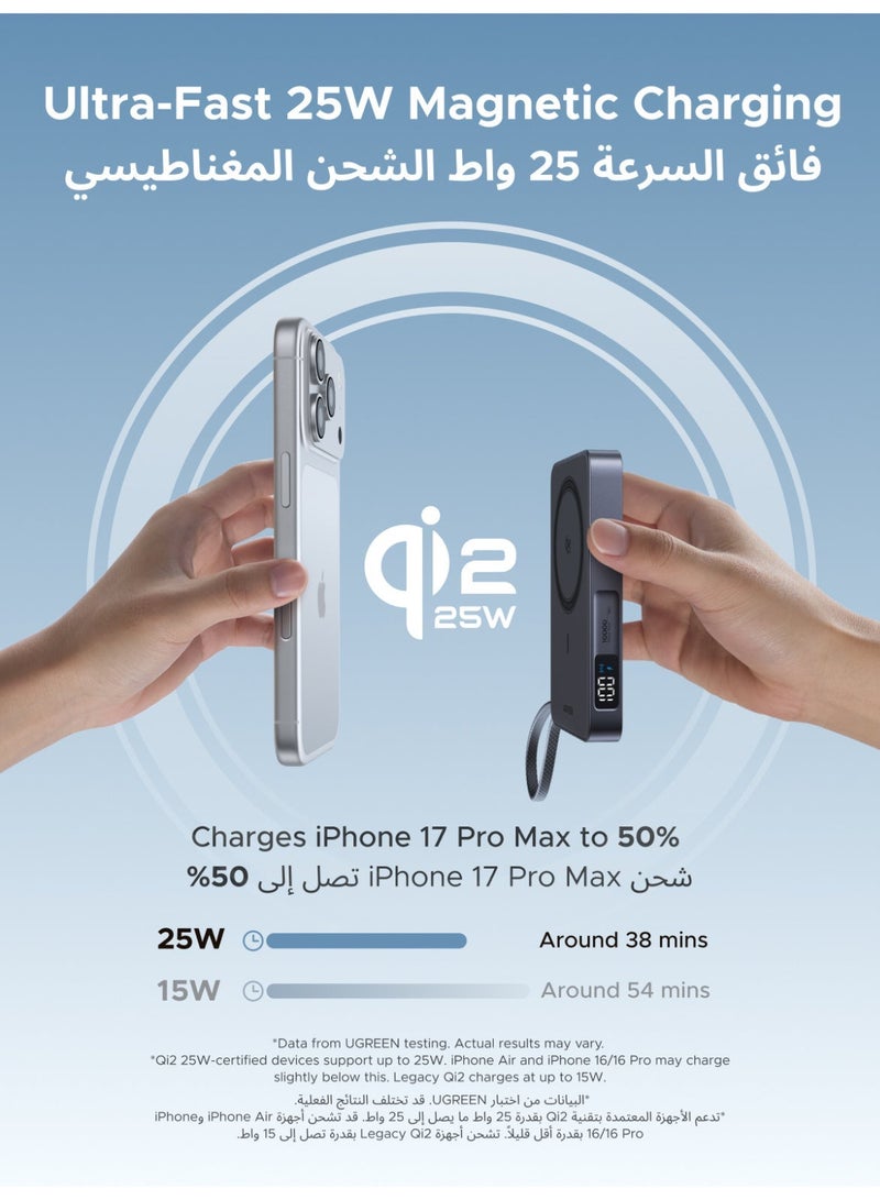 Ugreen Magsafe 10000mAh Qi2 25W Ultral- Fast Magflow Power Bank with Strong Magnetic Attachment, Wireless Portable Charger with 25W Fast Wireless Charging and PD30W Fast Charging, Airline-Friendly, Built-in Type C Cable for Samsung S26/S25 Ultra, iPhone 17/16 Pro Max Series - Black 25W With cable - Black - Image 3