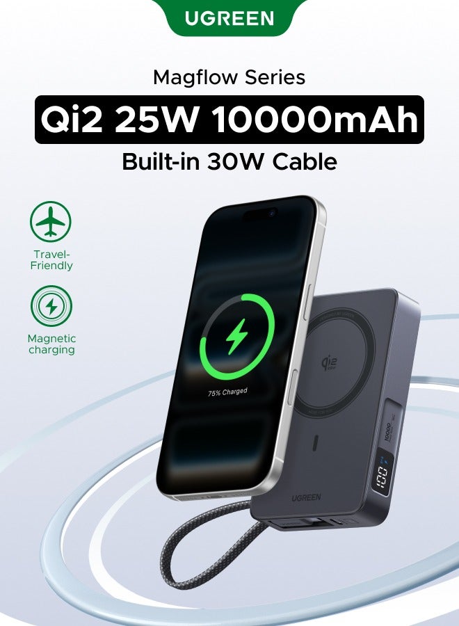 Ugreen Magsafe 10000mAh Qi2 25W Ultral- Fast Magflow Power Bank with Strong Magnetic Attachment, Wireless Portable Charger with 25W Fast Wireless Charging and PD30W Fast Charging, Airline-Friendly, Built-in Type C Cable for iPhone 18 Pro, iPhone 18 Pro Max, iPhone Duo, Samsung S26/S25 Ultra, iPhone 17/16 Pro Max Series - Black 10000mAh Qi25W -Grey 10000mAh Qi25W -Grey - Image 1
