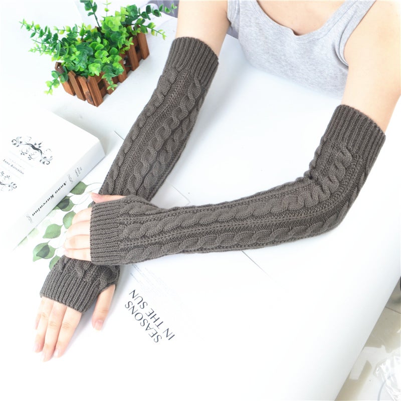 Winter Wool Long Finger-Free Gloves Ladies Warm Acrylic Knitted Open Finger Sleeve Long Arm T - Image 5