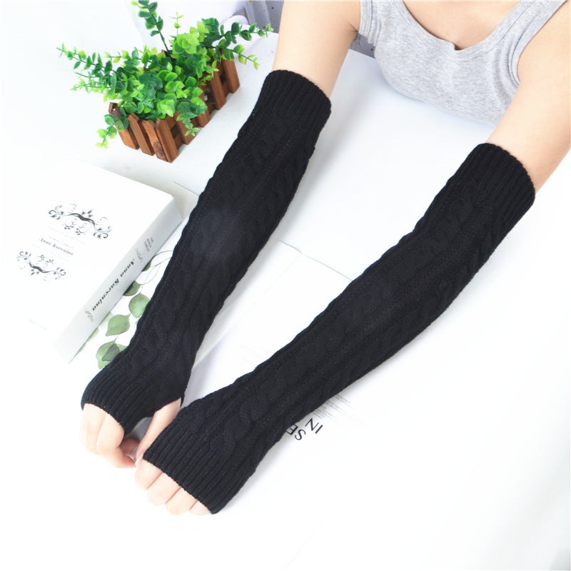 Winter Wool Long Finger-Free Gloves Ladies Warm Acrylic Knitted Open Finger Sleeve Long Arm T - Image 3