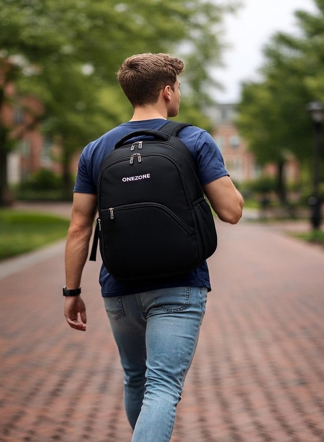 ONEZONE Classic Black Laptop Backpack, Multipurpose Travel Bag for College, Office, Daily Commute, High-Durability Material, Multiple Compartments - Image 3