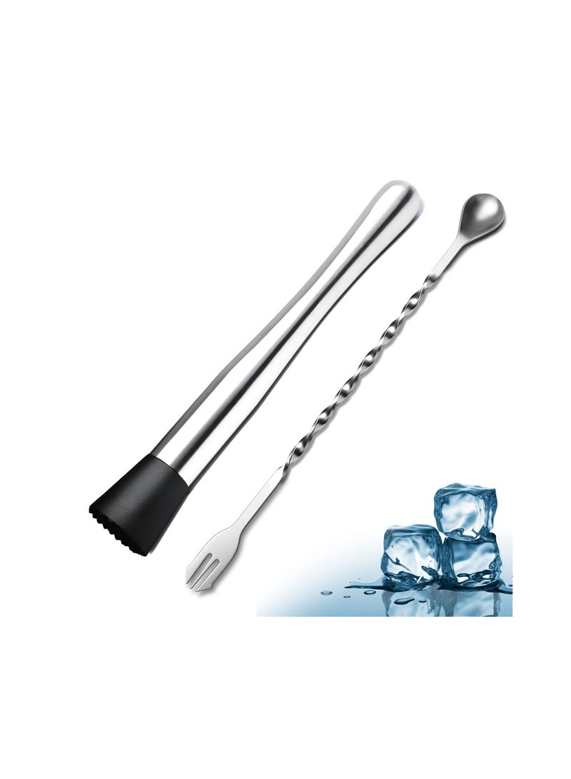 مجموعة أدوات بار منزلية من الفولاذ المقاوم للصدأ، تضم 2 قطعة: مدلك كوكتيل وملعقة خلط، مناسبة لتحضير الكوكتيلات والموهيتو والمشروبات المثلجة بالفواكه. - Image 1