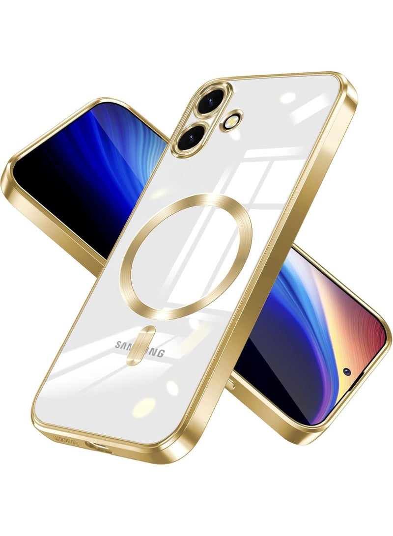 For Samsung Galaxy A07 Magnetic Case, Compatible with MagSafe, Built-in Camera Lens Protector, Luxury Plating Soft TPU Clear Shockproof Slim Thin Cover - Gold