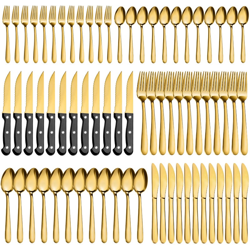 Pleafind 72Pcs Gold Silverware Set for 12 - Dishwasher Safe, Flatware Set with Steak Knives, Stainless Steel Cutlery Set, Include Forks Spoons and Knives Set, Utensil Sets for Home Restaurant - Image 1