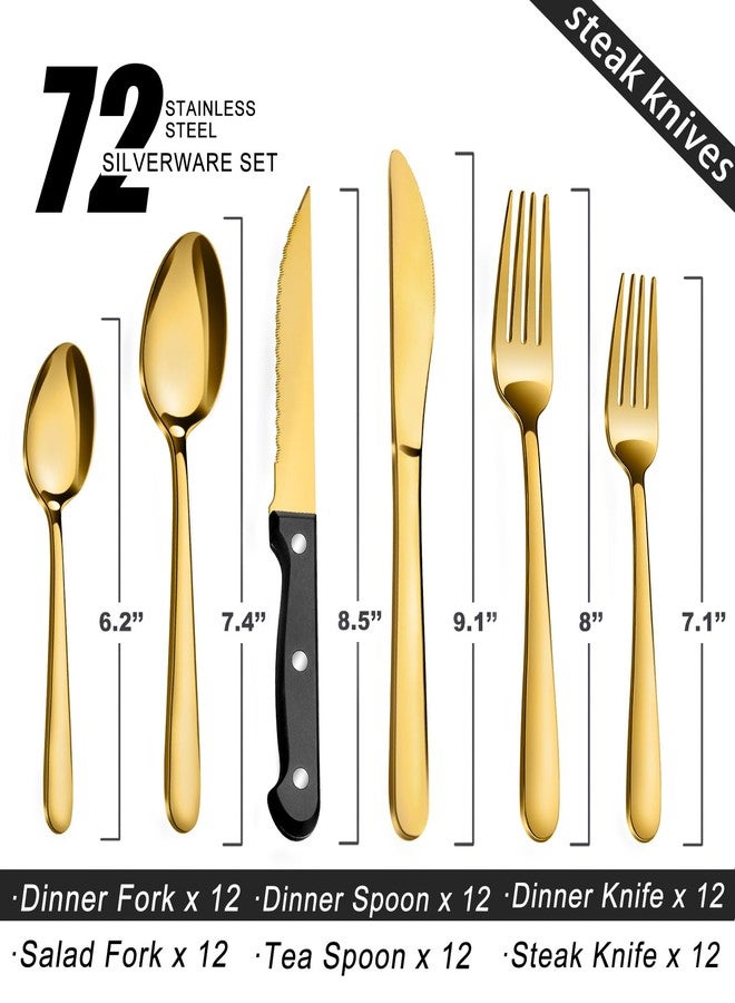 Pleafind 72Pcs Gold Silverware Set for 12 - Dishwasher Safe, Flatware Set with Steak Knives, Stainless Steel Cutlery Set, Include Forks Spoons and Knives Set, Utensil Sets for Home Restaurant - Image 2
