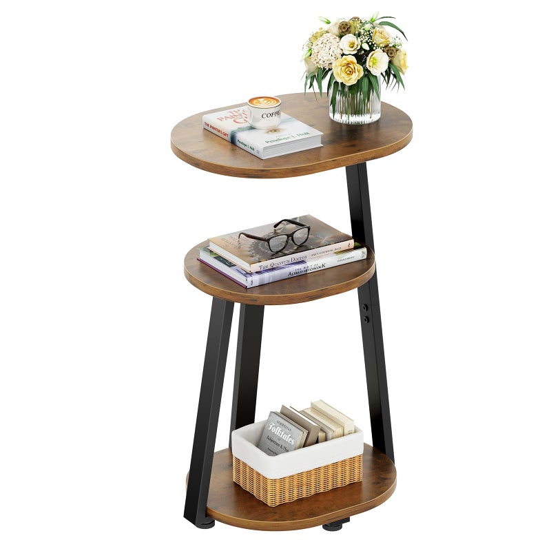 Kalrin Side Table, Small End Table with Metal Frame, 3-Tier Bedside Tables, Round Side Tables for Living Room Bedroom Couch Bathroom, Oval, Vintage Brown - Image 4