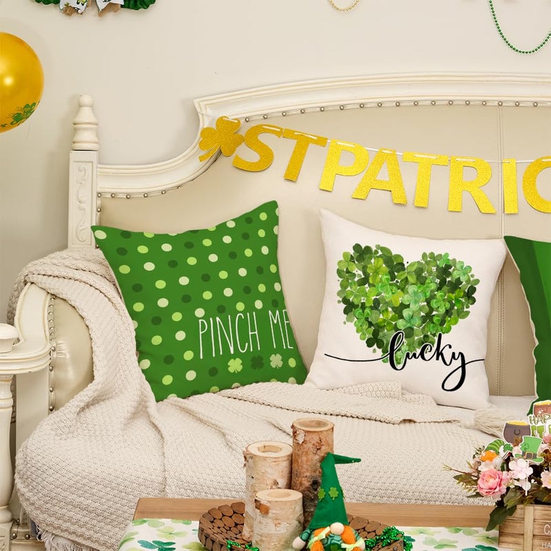 GEEORY St. Patrick's Day Pillow Covers 18 x 18 Inch Set of 4, Green Shamrock Heart Lucky Polka Dots Pinch Me Mason Jar Farmhouse Throw Pillowcases for Home Sofa Couch Cushion Decoration G429-18 - Image 2