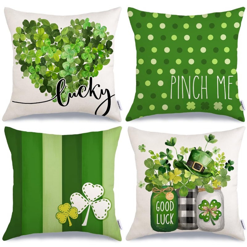 GEEORY St. Patrick's Day Pillow Covers 18 x 18 Inch Set of 4, Green Shamrock Heart Lucky Polka Dots Pinch Me Mason Jar Farmhouse Throw Pillowcases for Home Sofa Couch Cushion Decoration G429-18 - Image 1