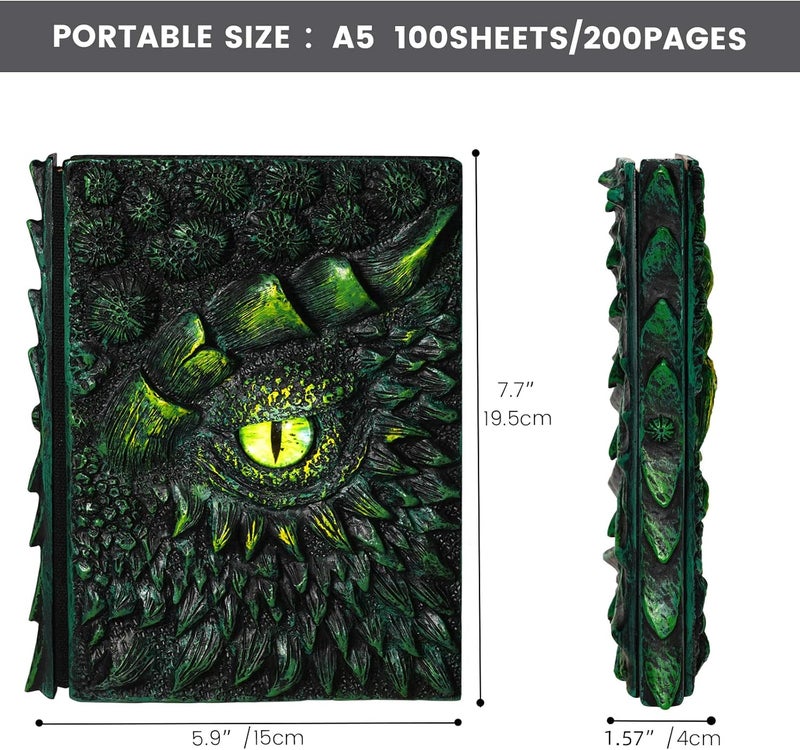molshine A5 (18.5 x 13cm) 3D Dragon Embossed Journal,Resin Engraving Notebook,Retro Diary,100 Sheets Blank Paper,Hardcover Travel Notepad for Writing,Sketchbook,Collection,Gift,Decoration (Green) - Image 2
